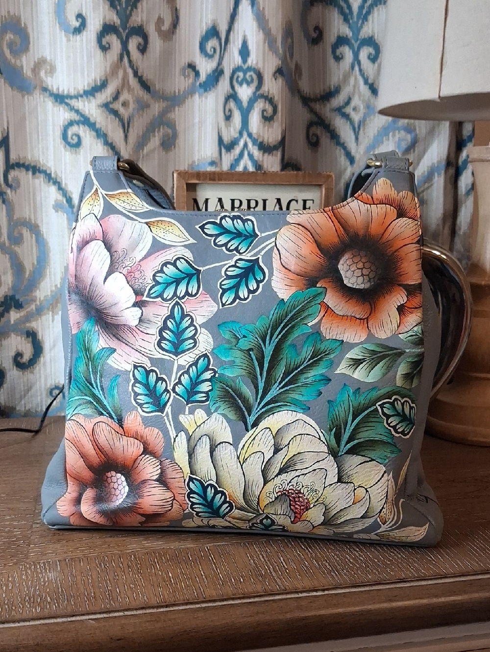 Anuschka Gray Shoulder Bag with Multicolor Floral Artwork